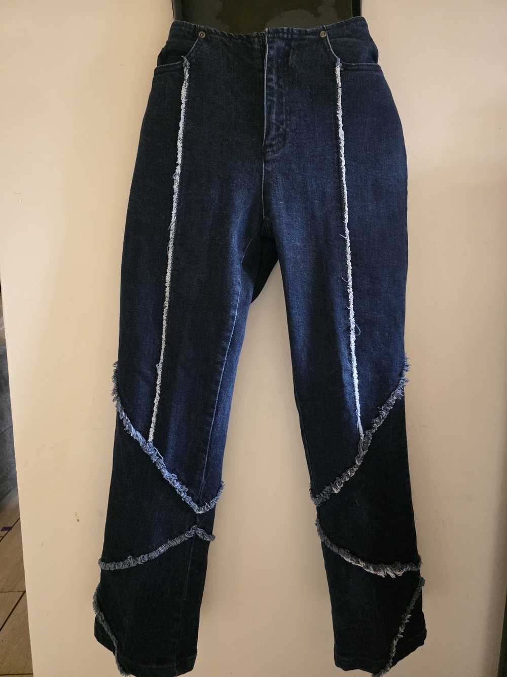FUBU Dark Blue Straight-Leg Jeans with Frayed Panel Trim (Size 7/8)